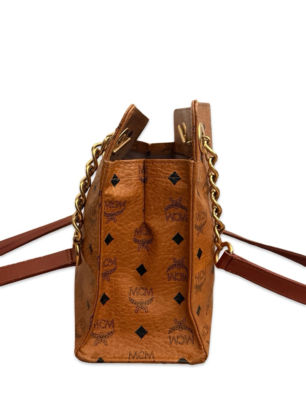 MCM Visetos Cognac Shoulder Bag Gold Chain Strap Medium Tote - Picture 6 of 17